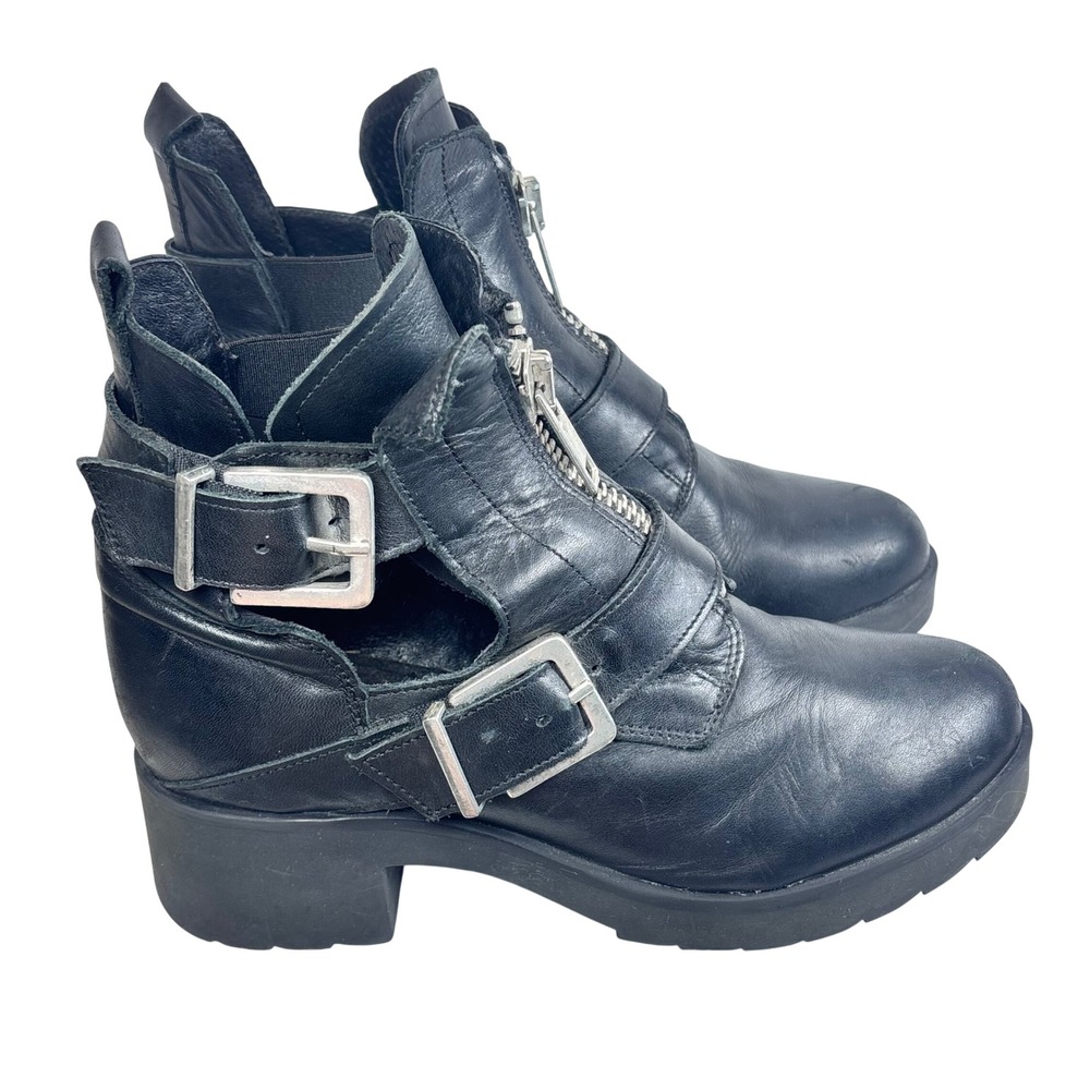 Steve Madden Ravish Boots Black Leather Moto Buckle Zip Cut Out Goth Platform 8